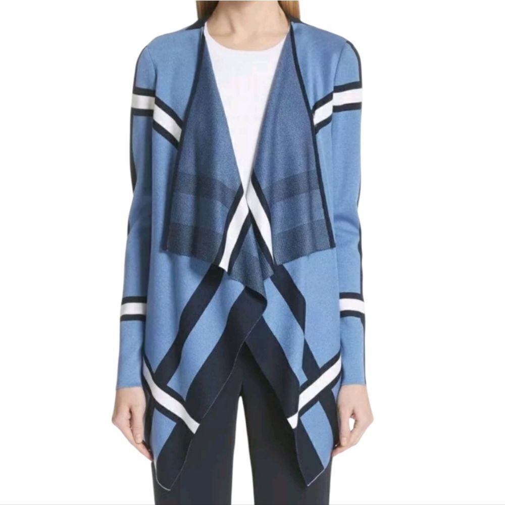 St. John’s Draped Waterfall Open Cardigan Blue White Stripe Knit Wool Blend M